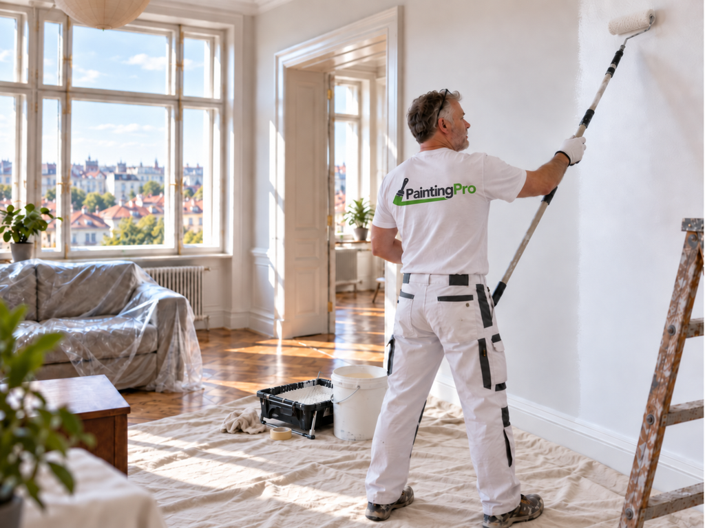 Tom from PaintingPro painting an interior wall in Prague